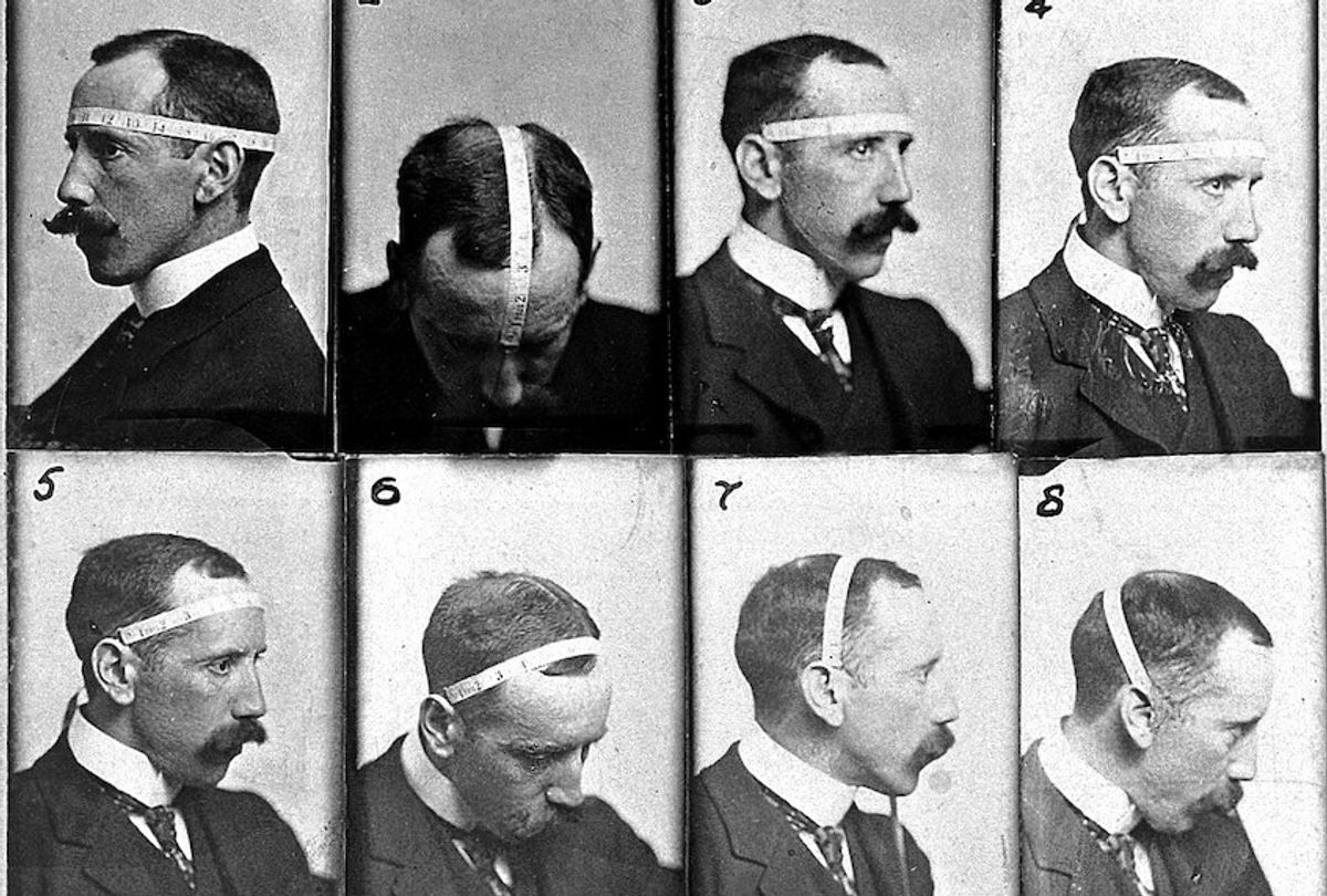 The Austrian-born Bernard Hollander favored a quantitative approach to phrenological diagnosis, and is shown here methodically measuring his own skull. His meticulous view of the critical role of cranial measurement mirrored Galton’s in its obsessive assessment of statistical averages. Image: Wellcome Collection. Bernard Hollander: Cranial Measurement (1902) (<a href="https://wellcomecollection.org/works/sqjvypsb">Wellcome Collection</a>. Bernard Hollander: Cranial Measurement (1902))
