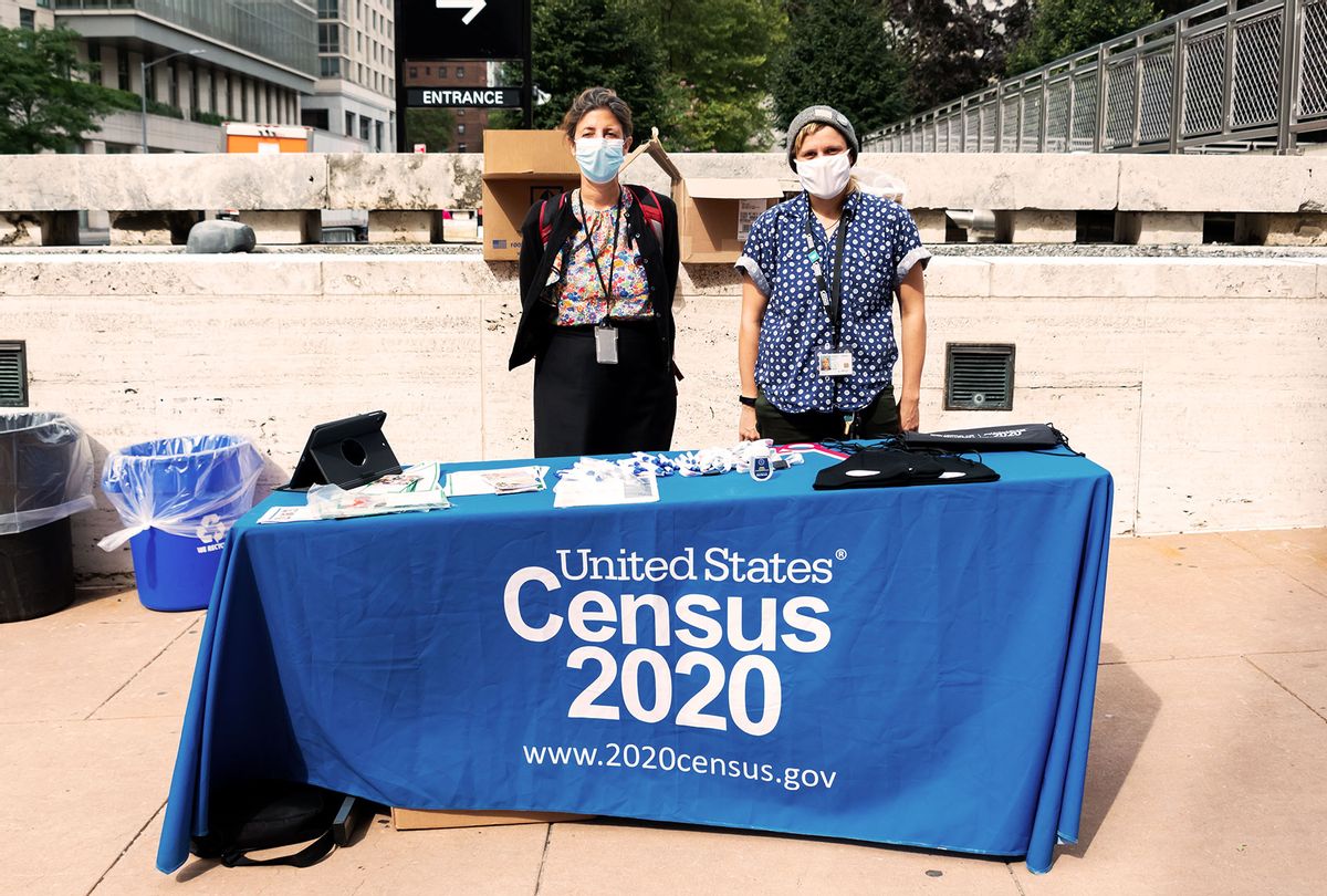 US Census workers stand outside Lincoln Center for the Performing Arts as the city continues Phase 4 of re-opening following restrictions imposed to slow the spread of coronavirus on September 24, 2020 in New York City. The fourth phase allows outdoor arts and entertainment, sporting events without fans and media production. (Noam Galai/Getty Images)