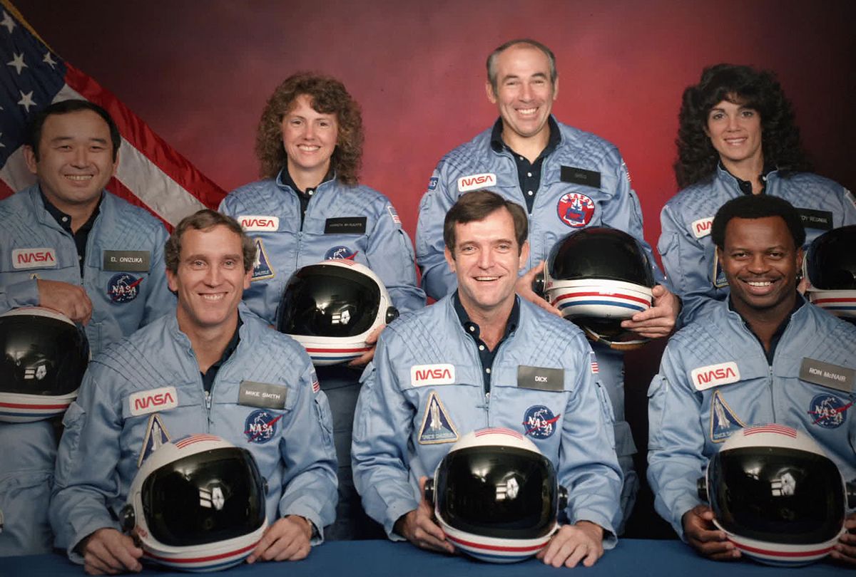 The Challenger 7 flight crew: Ellison S. Onizuka, Mike Smith, Christa McAuliffe, Dick Scobee, Gregory Jarvis, Judith Resnik, and Ronald McNair (Netflix/NASA)