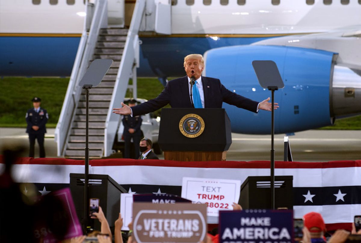 President Donald Trump speaks to supporters at a campaign rally at Arnold Palmer Regional Airport on September 3, 2020 in Latrobe, Pennsylvania. Trump won Pennsylvania in the 2016 election by a narrow margin. (Jeff Swensen/Getty Images)