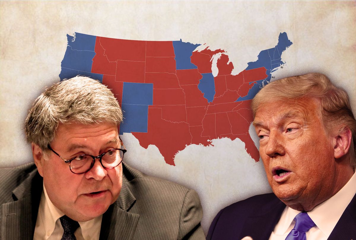 Bill Barr, Donald Trump and an electoral map of the USA (Photo illustration by Salon/Getty Images)