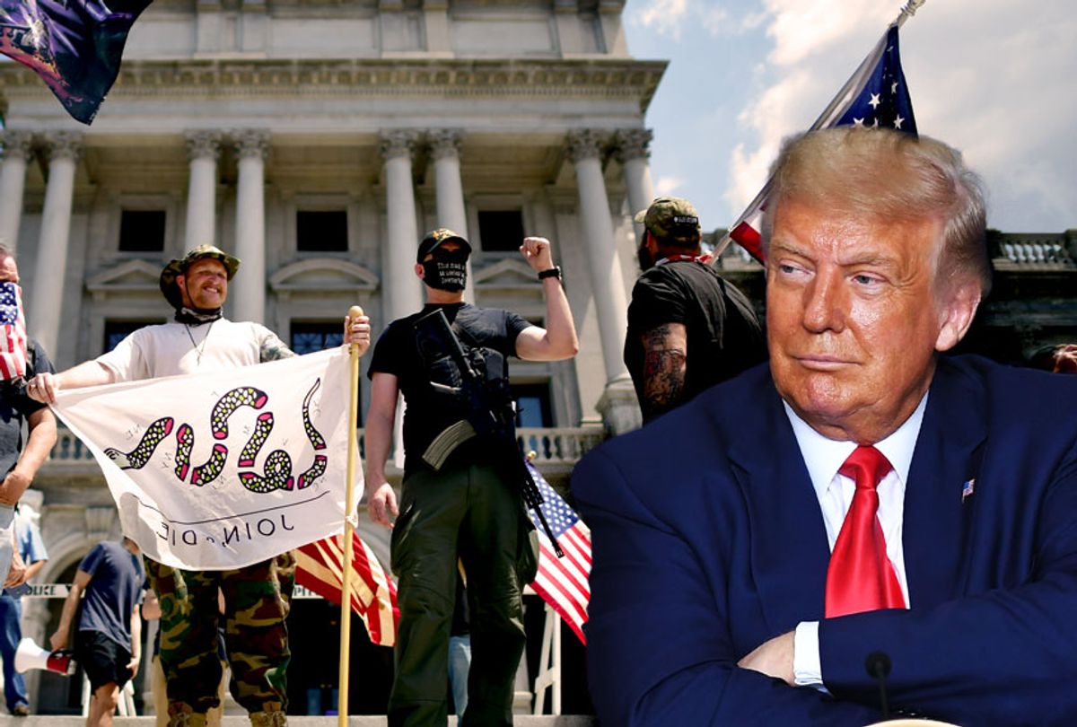 Donald Trump | Trump supporters and a man with an assault rifle join demonstrators outside the Pennsylvania Capitol Building to protest the continued closure of businesses due to the coronavirus pandemic on May 15, 2020 in Harrisburg, Pennsylvania. (Photo illustration by Salon/Getty Images)