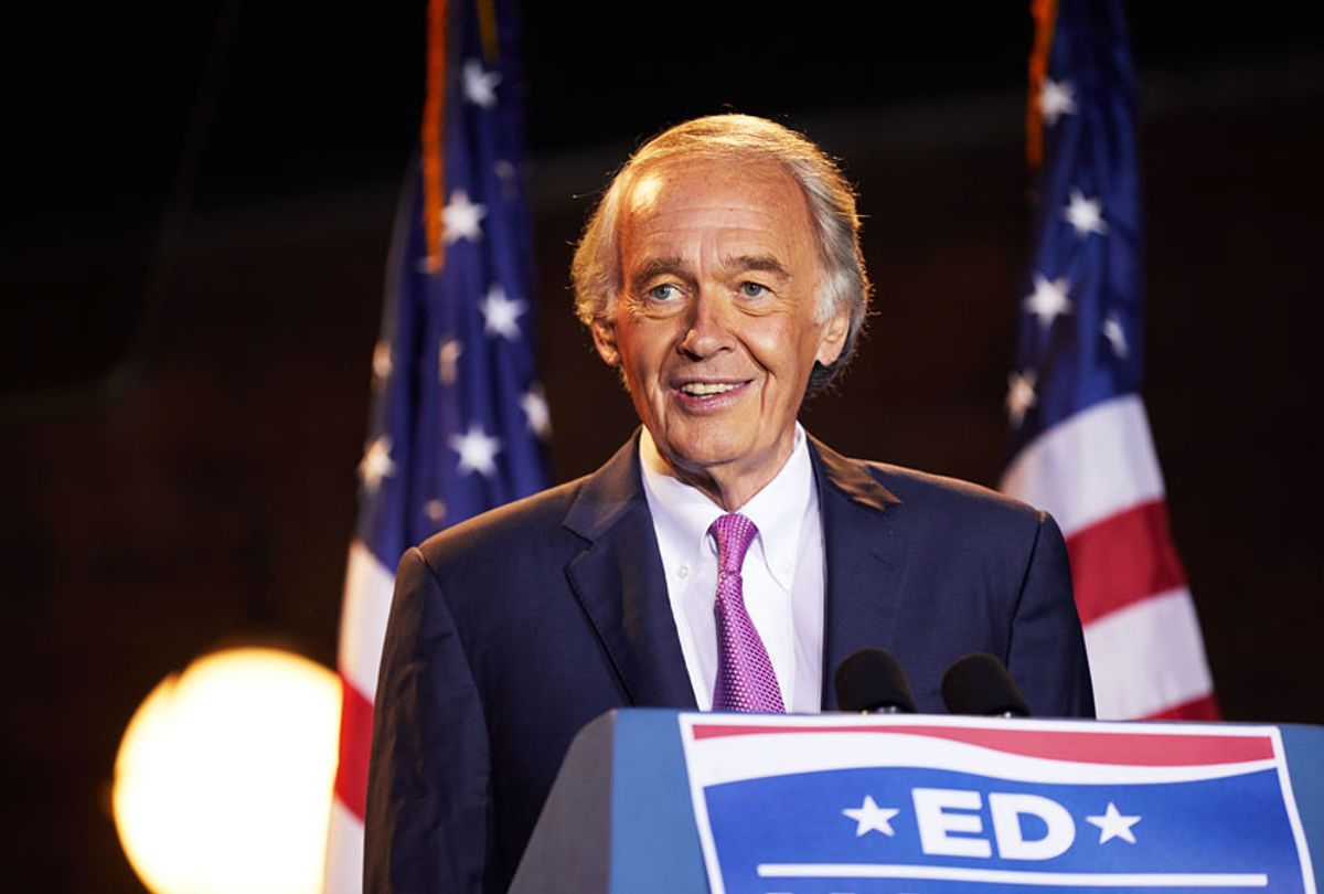 Sen. Ed Markey (D-MA) speaks at a primary election night event at Malden Public Library on September 1, 2020 in Malden, Massachusetts. Sen. Markey won the primary race over challenger Rep. Joe Kennedy III (D-MA) for the Democratic nomination for the U.S. Senate seat. (Allison Dinner/Getty Images)