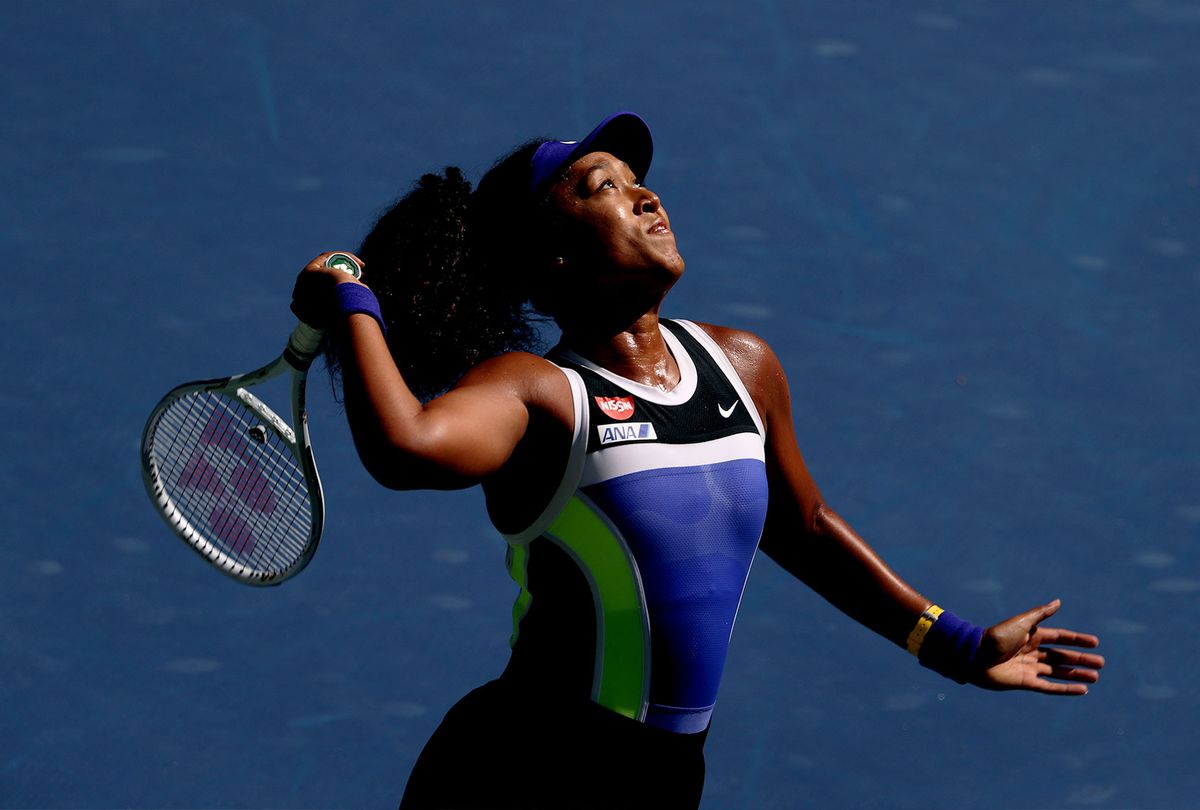 Naomi Osaka of Japan serves the ball during her Women's Singles third round match against Marta Kostyuk of the Ukraine on Day Five of the 2020 US Open at USTA Billie Jean King National Tennis Center on September 04, 2020 in the Queens borough of New York City. (Al Bello/Getty Images)