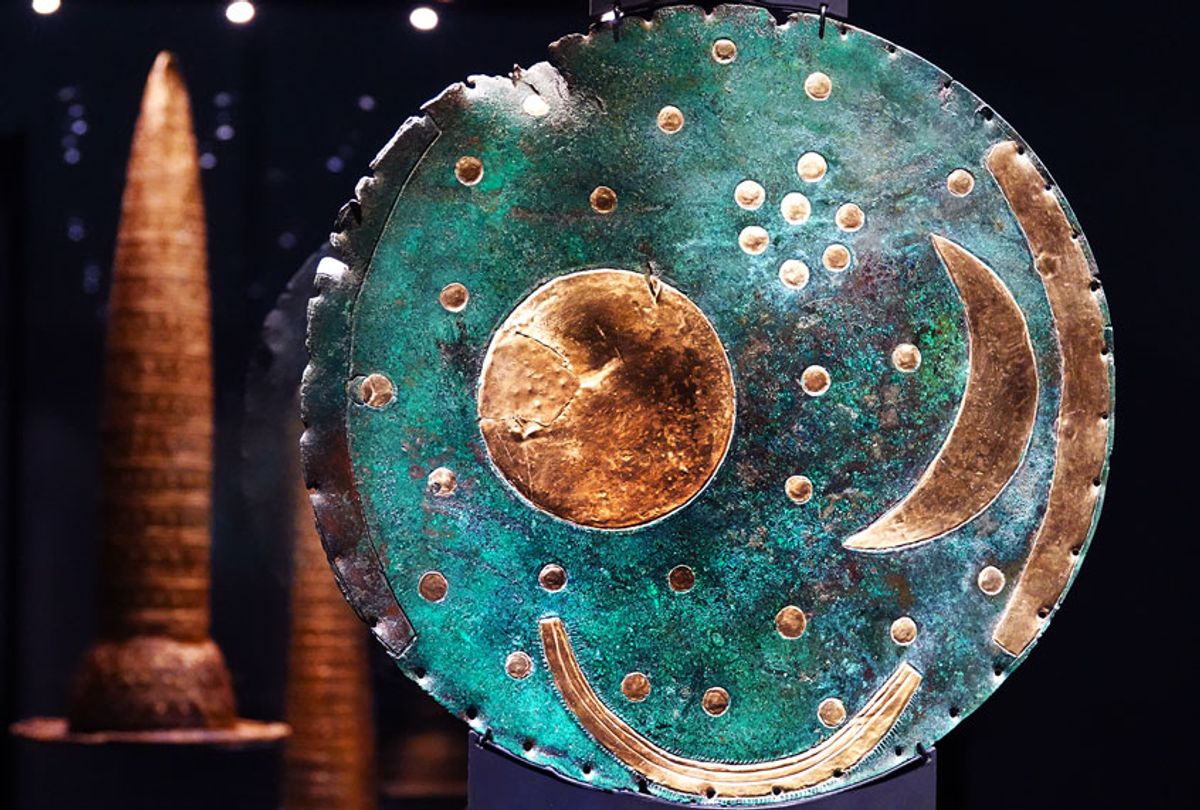The Nebra Sky Disk stands in a glass display case (Anne Pollmann/picture alliance via Getty Images)
