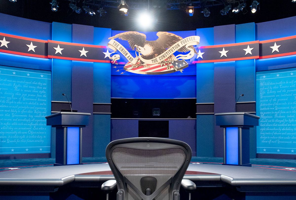The stage of the first US Presidential debate is seen at Case Western Reserve University and the Cleveland Clinic in Cleveland, Ohio on September 28, 2020. - Tuesday's clash in Cleveland, Ohio, the first of three 90-minute debates, represents the first time voters will have the chance to see the candidates facing off against one another directly. (SAUL LOEB/AFP via Getty Images)