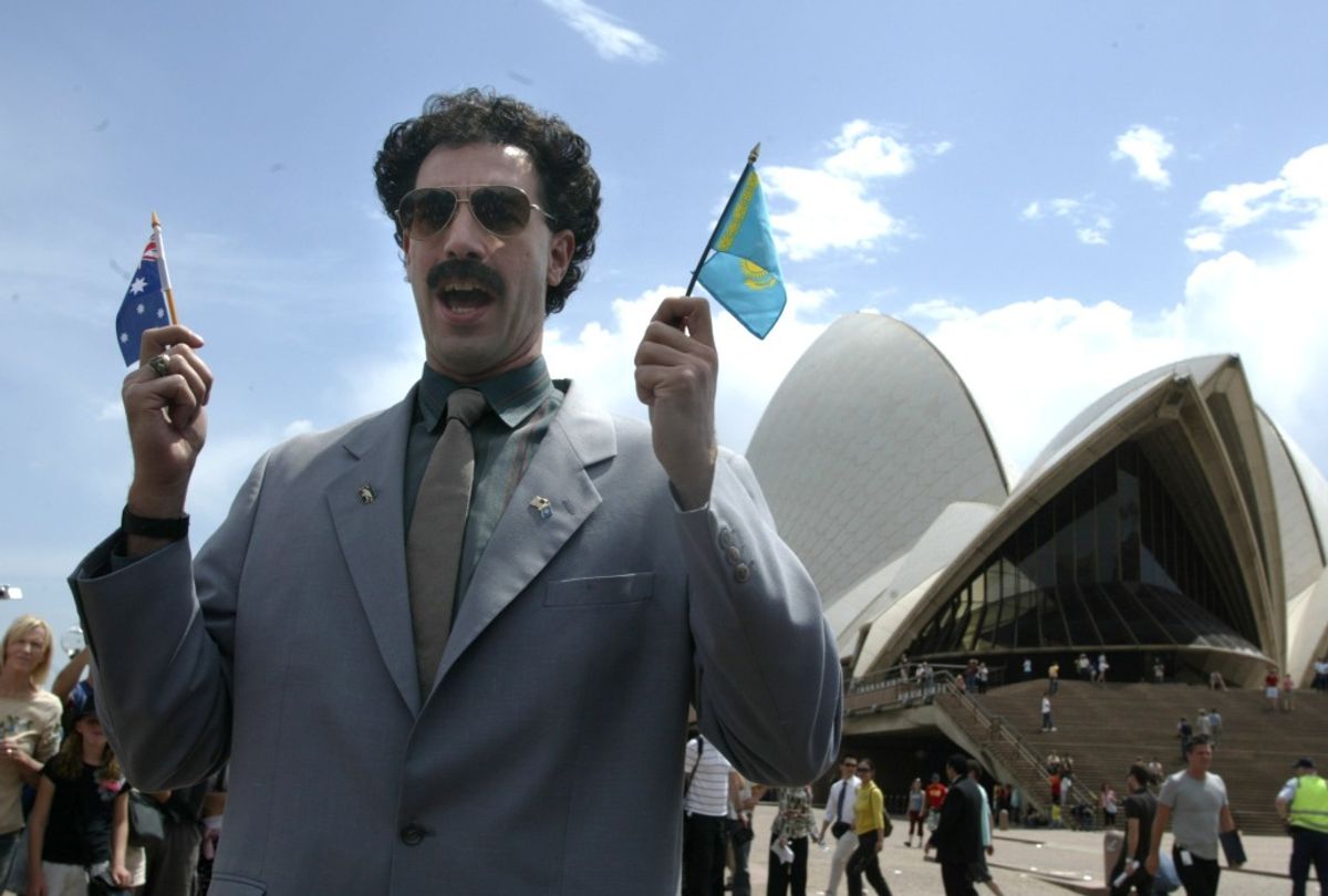 Sacha Baron Cohen as alter ego Borat outside the Sydney Opera House in 2006 before the premiere of "Borat: Cultural Learnings of America For Make Benefit Glorious Nation of Kazakhstan" (Getty Images/Fairfax Media)