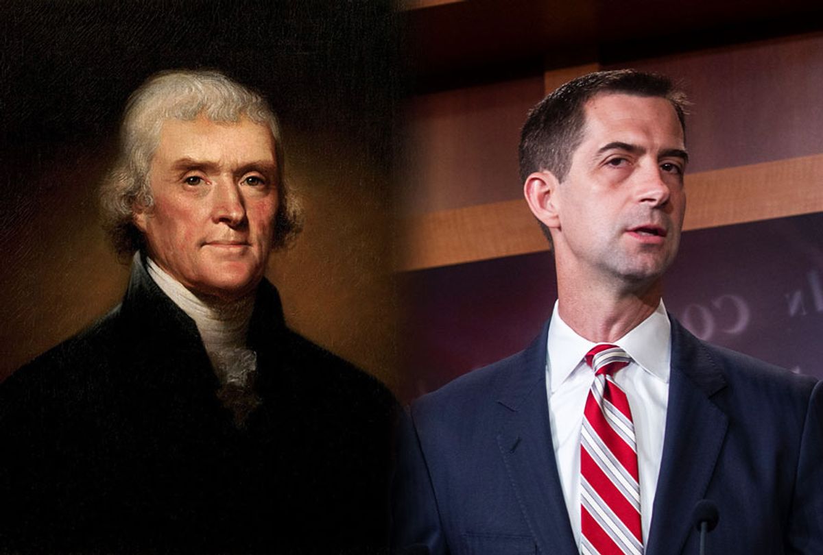 Thomas Jefferson and Sen. Tom Cotton (Photo illustration by Salon/Getty Images)
