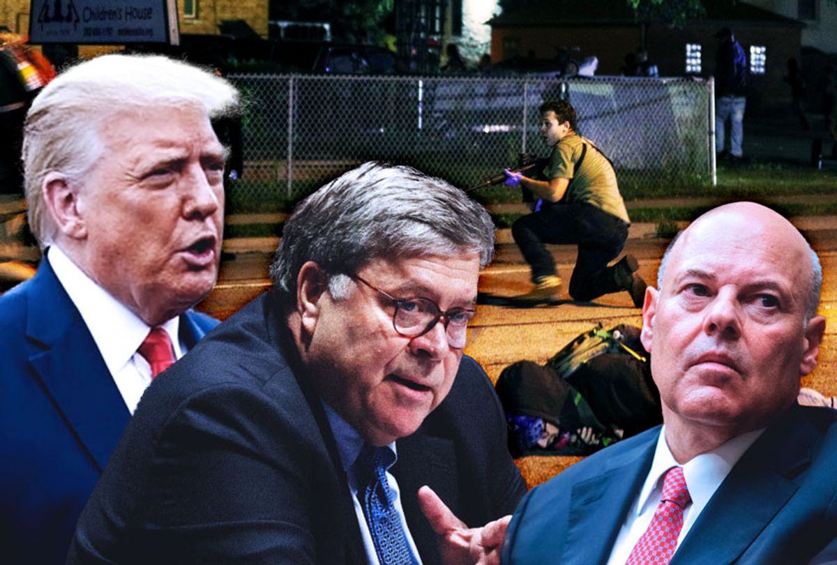 Donald Trump, Bill Barr, Louis DeJoy, and Kyle Rittenhouse (background) (Photo illustration by Salon/Getty Images)