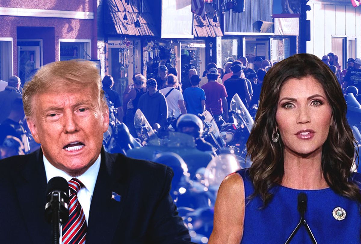 Donald Trump and Kristi Noem | People walk along Main Street during the 80th Annual Sturgis Motorcycle Rally in Sturgis, South Dakota on August 8, 2020. (Photo illustration by Salon/Getty Images)