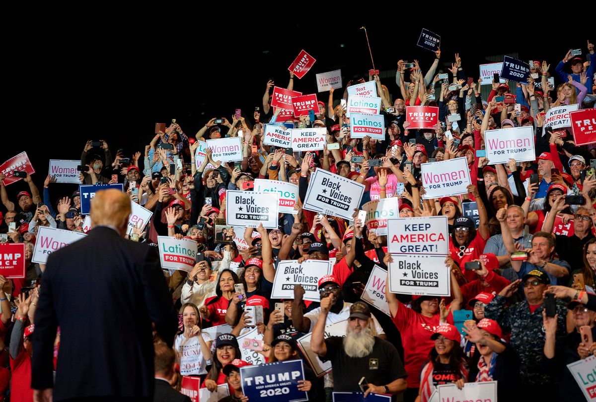 Supporters cheer as US President Donald Trump arrives to deliver remarks at a Keep America Great rally in Las Vegas, Nevada, on February 21, 2020. (JIM WATSON/AFP via Getty Images)