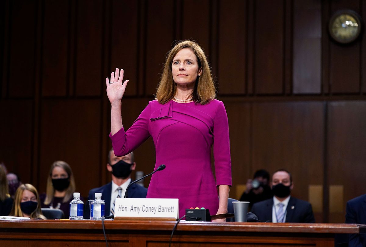 Supreme Court nominee Amy Coney Barrett is sworn in during her Senate Judiciary Committee confirmation hearing for Supreme Court Justice on Capitol Hill on October 12, 2020 in Washington, DC. (Patrick Semansky - Pool/Getty Images)