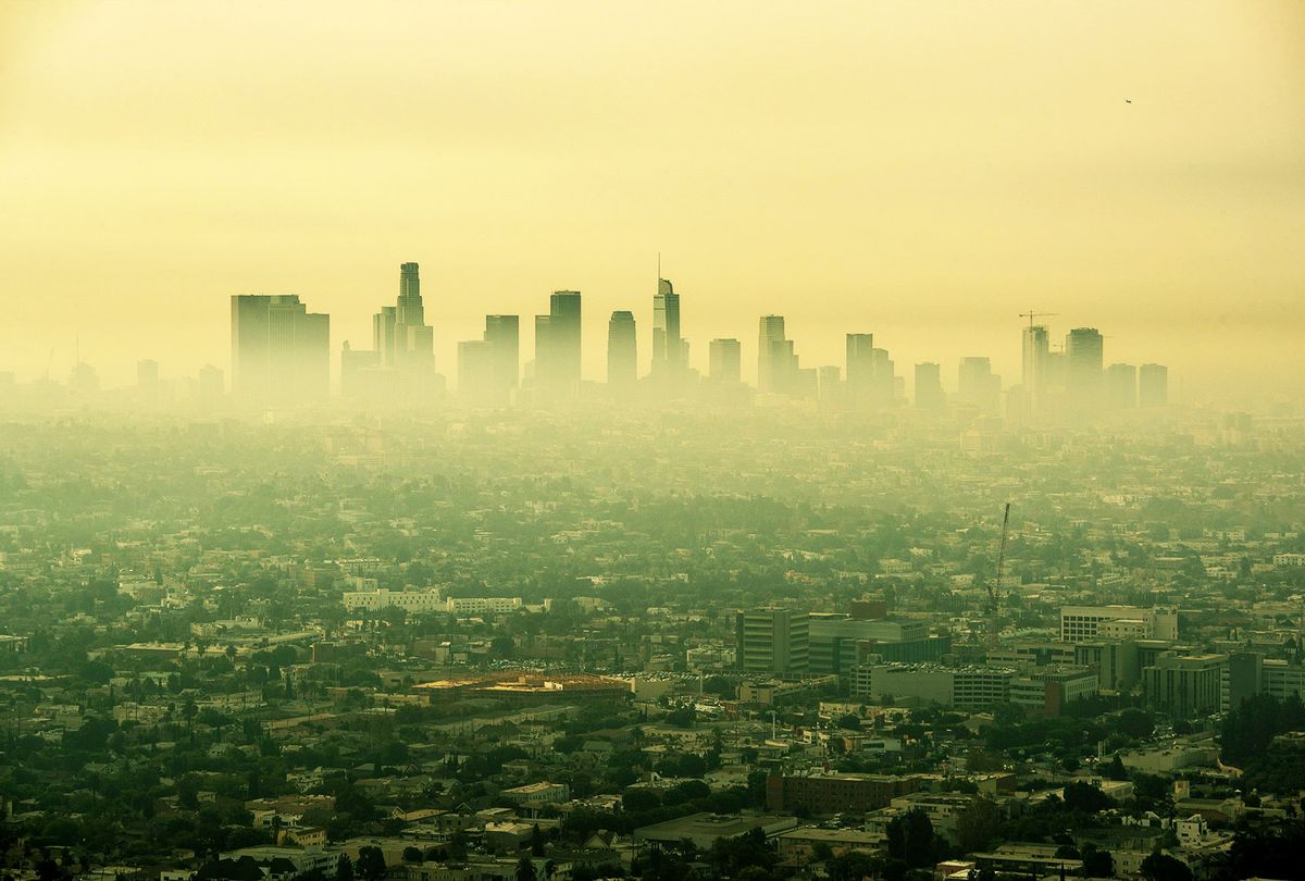 Smoke from Southern California wildfires drifts through the L.A. Basin, obscuring downtown skyscrapers in a view from a closed Griffith Observatory on Thursday, Sept. 17, 2020 in Los Angeles, CA. (Brian van der Brug / Los Angeles Times via Getty Images)