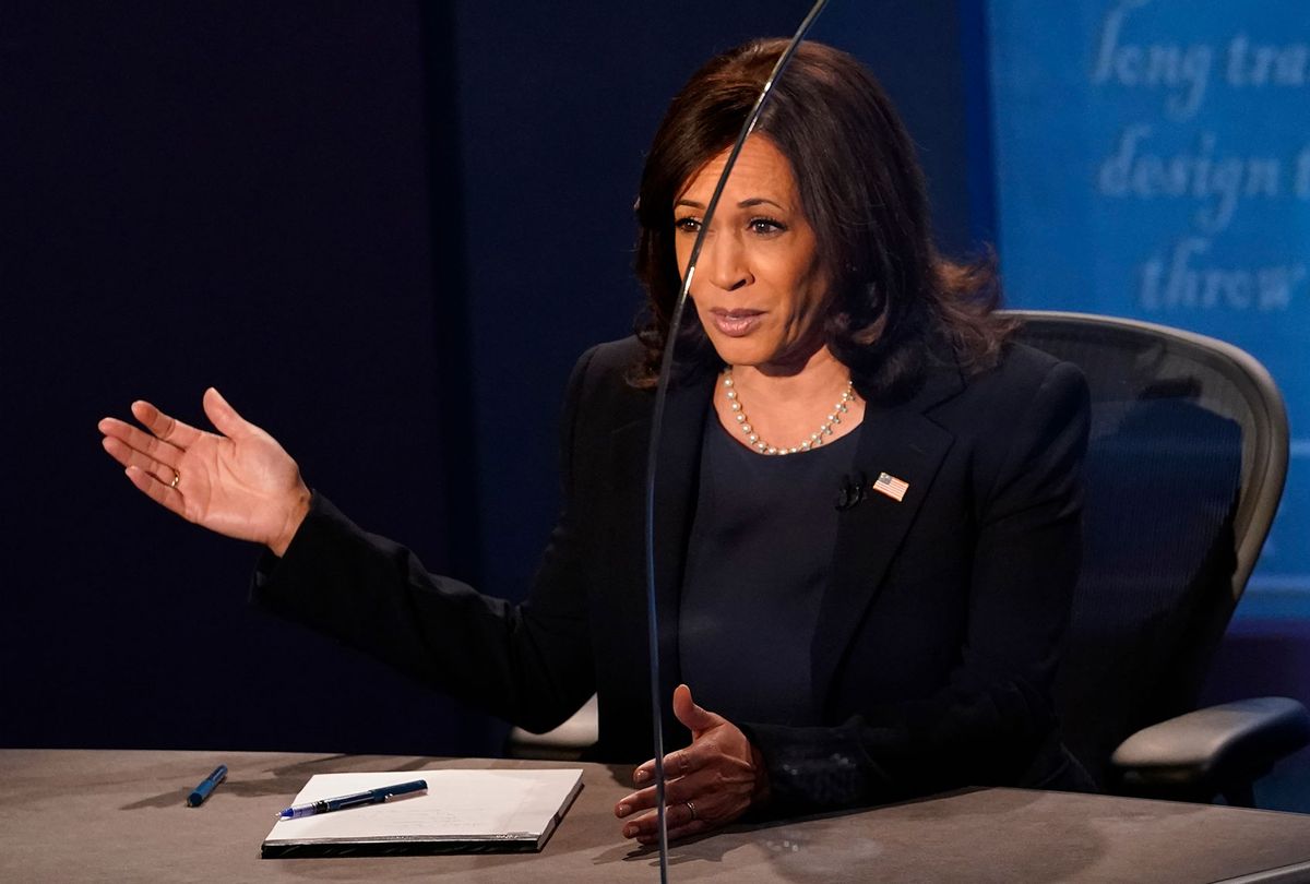 Democratic vice presidential nominee Sen. Kamala Harris (D-CA) debates U.S. Vice President Mike Pence at the University of Utah on October 7, 2020 in Salt Lake City, Utah. This is the only scheduled debate between the two before the general election on November 3. (Morry Gash-Pool/Getty Images)