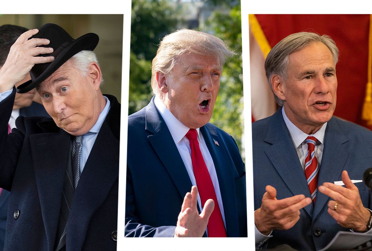 Roger Stone, Donald Trump and Greg Abbott (Photo illustration by Salon/Getty Images)
