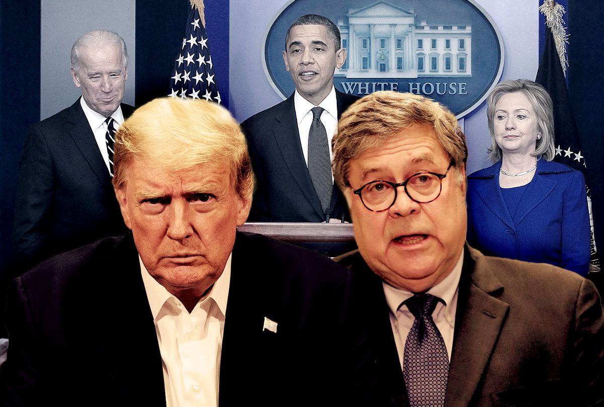 Donald Trump and Bill Barr, with Joe Biden, Barack Obama and Hilary Clinton in the background (Photo illustration by Salon/Getty Images)