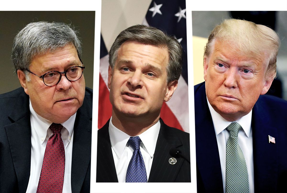 Bill Barr, Christopher Wray and Donald Trump (Photo illustration by Salon/Getty Images)