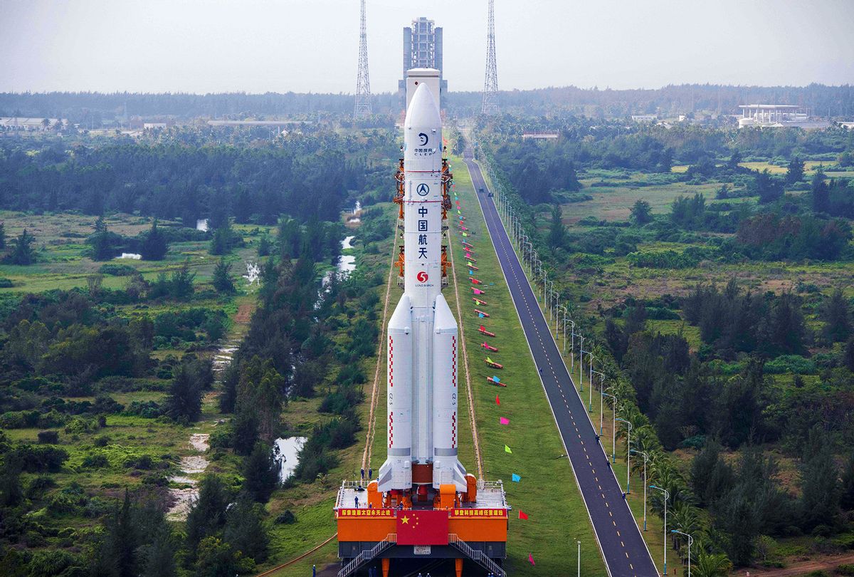 This photo taken on November 17, 2020 shows the Long March 5 rocket, which will launch China's Chang'e-5 lunar probe on November 24, being vertically transported to the launching area at the Wenchang Spacecraft Launch Site in southern China's Hainan province. (STR/AFP via Getty Images)