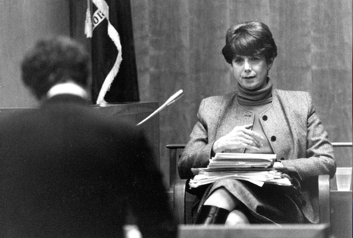 Forensic psychiatrist Dr. Dorothy Otnow Lewis on the stand during the Arthur Shawcross trial, being questioned by Shawcross's lawyer, Thomas Cocuzzi (1990) (HBO)