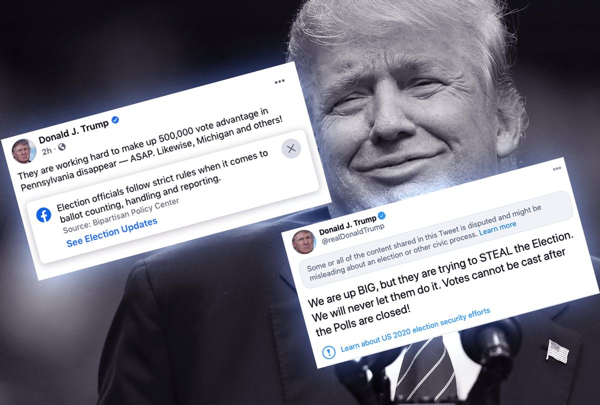 Warnings on Donald Trump's Facebook and Twitter posts, that label his words as inaccurate or disinformation (Photo illustration by Salon/Getty Images/Facebook/Twitter)