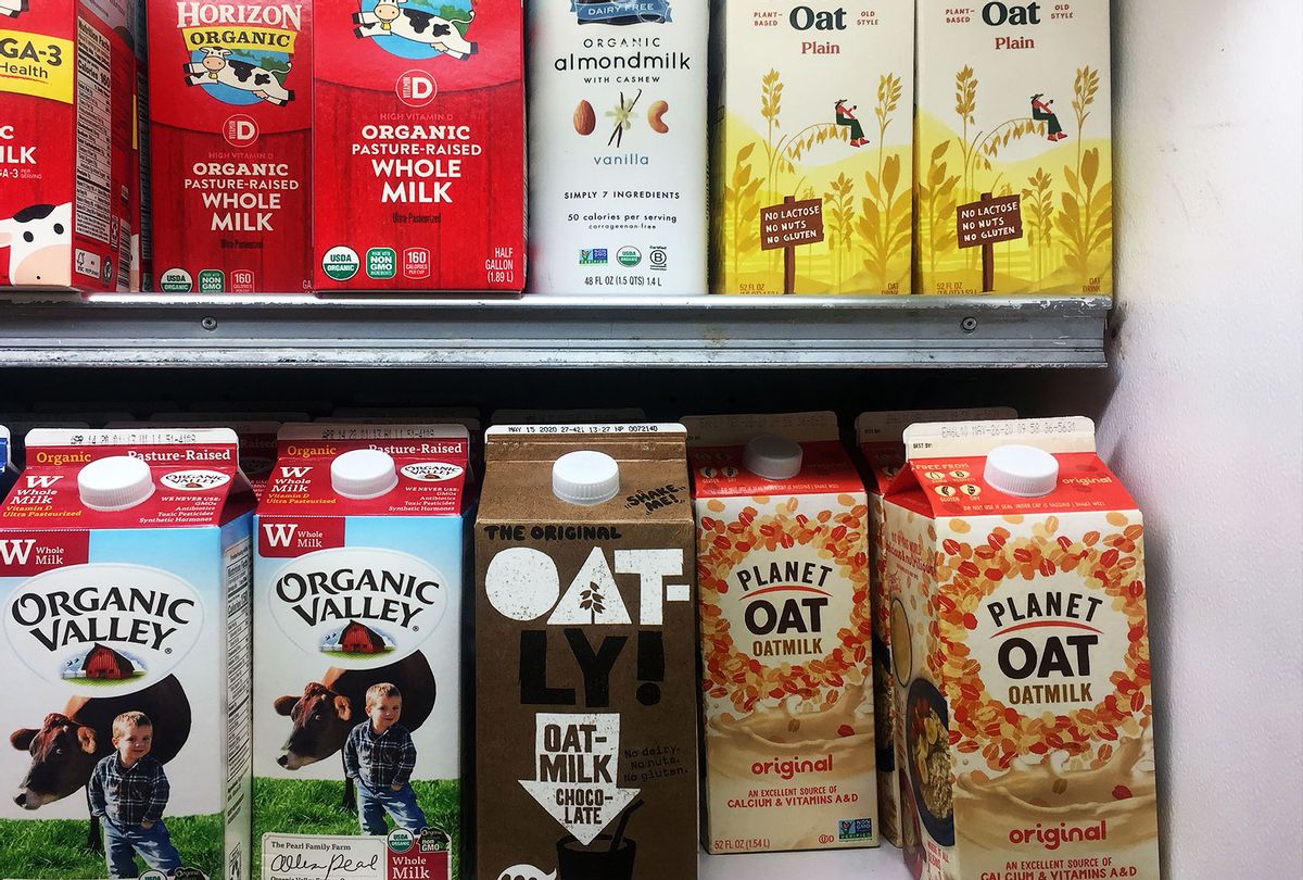 Oat milk cartons are seen on display in a grocery store in Manhattan, New York on March 10, 2020. - Almond, soy, coconut, nonfat or whole? American stores offer a dizzying array of milk but a new option is experiencing unprecedented growth and fast becoming a vegan favorite: oat milk. (THOMAS URBAIN/AFP via Getty Images)