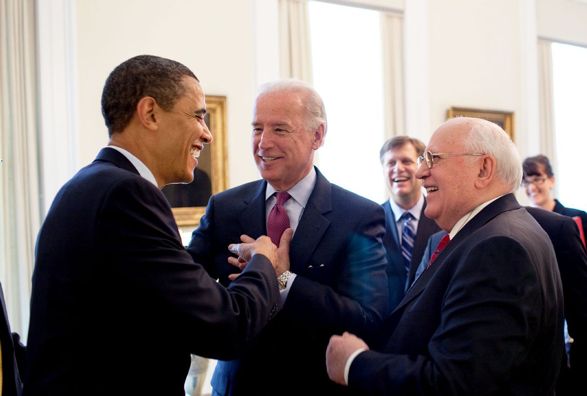 President Barack Obama drops by VP Joe Biden's meeting with former Soviet Union President Mikhail Gorbachev in the Vice President's Office, West Wing March 20, 2009. (The Official White House Photostream / Pete Souza)