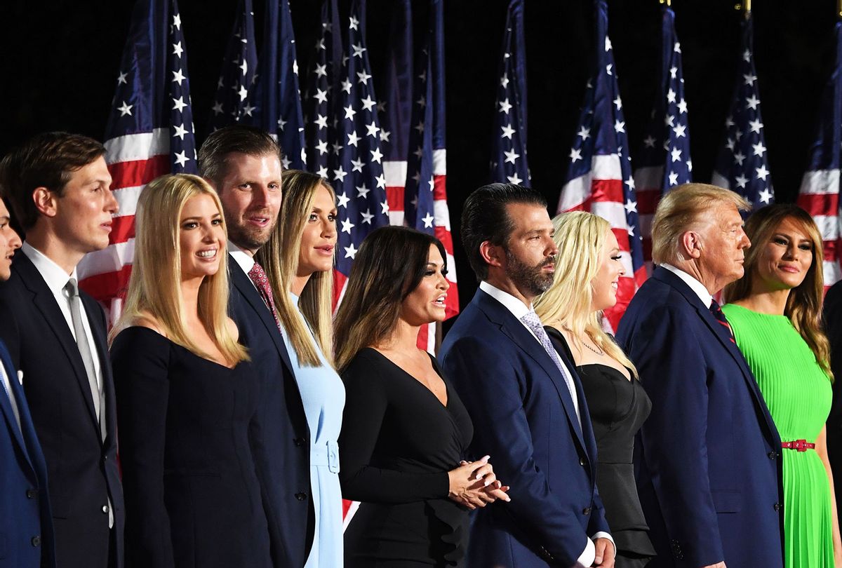 First Lady Melania Trump, US President Donald Trump, Tiffany Trump, Donald Trump Jr., Kimberly Guilfoyle, Lara Trump, Eric Trump, Ivanka Trump and Jared Kushner stand after the president delivered his acceptance speech for the Republican Party nomination for reelection during the final day of the Republican National Convention at the South Lawn of the White House in Washington, DC on August 27, 2020. (SAUL LOEB/AFP via Getty Images)