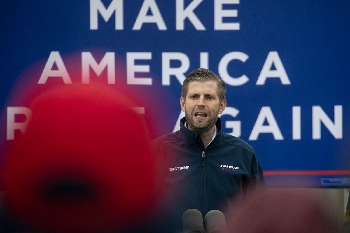 President Donald Trump's son Eric Trump addresses supporters at a rally on October 29, 2020 in Lansing, Michigan.  (John Moore/Getty Images)
