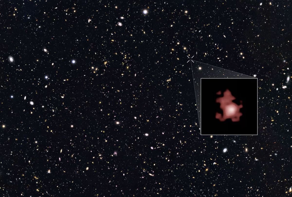 The galaxy GN-z11, which scientists think could be the farthest and oldest galaxy every observed, superimposed on an image from the COODS-North survey. (NASA, ESA, P. Oesch (Yale University), G. Brammer (STScI), P. van Dokkum (Yale University), and G. Illingworth (University of California, Santa Cruz))