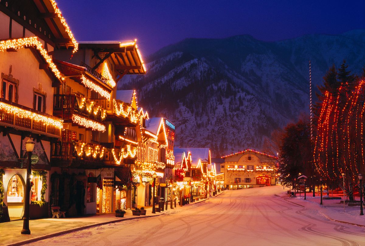USA, Washington, Leavenworth In Winter, Street Scene With Holiday Lights, Evening. (Getty Images)