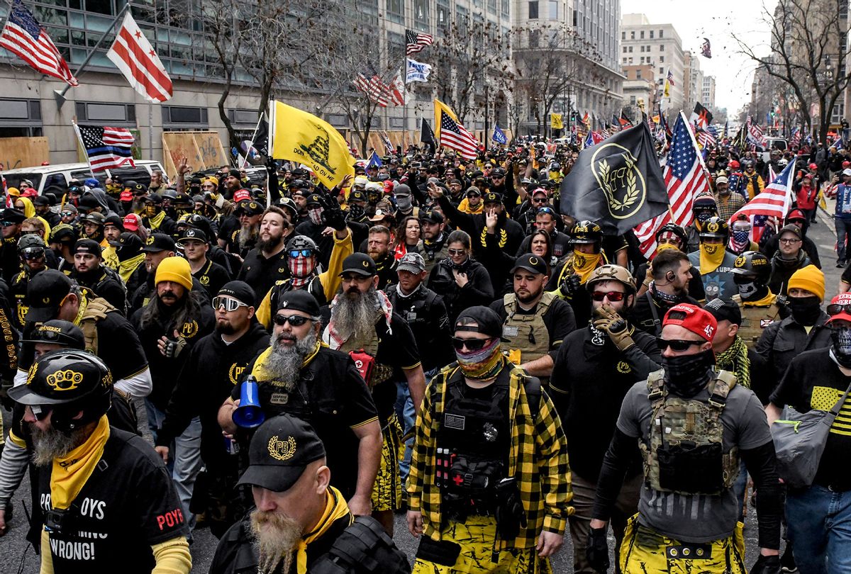 Members of the Proud Boys march towards Freedom Plaza during a protest on December 12, 2020 in Washington, DC. Thousands of protesters who refuse to accept that President-elect Joe Biden won the election are rallying ahead of the electoral college vote to make Trump's 306-to-232 loss official. (Stephanie Keith/Getty Images)