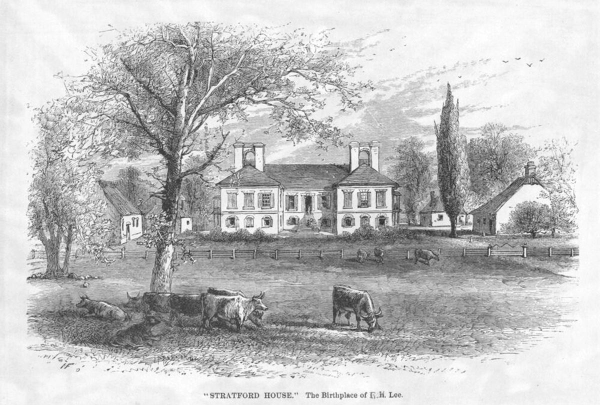Engraving of the Stratford House in Westmoreland County, Virginia, the birthplace of Richard Henry Lee and Francis Lightfoot Lee, signers of the Declaration of Independence, 1845. Where the enslaved cook Caesar worked. From the New York Public Library. (Smith Collection/Gado/Getty Images)