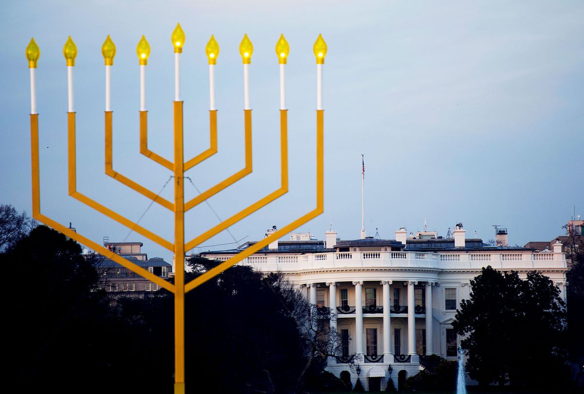 The National Menorah, part of the Jewish holiday of Hanukkah, is seen near the White House in Washington, DC on December 10, 2015. (ANDREW CABALLERO-REYNOLDS/AFP via Getty Images)
