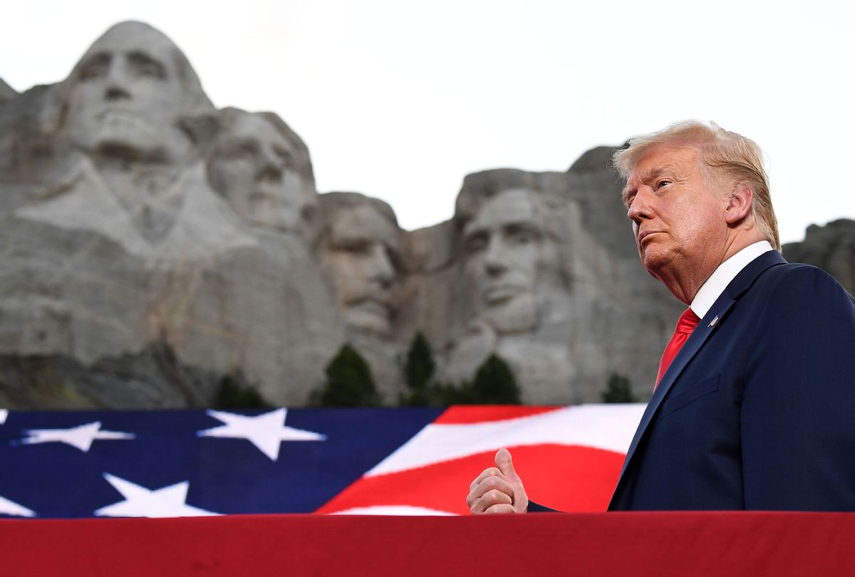 US President Donald Trump gestures as he arrives for the Independence Day events at Mount Rushmore National Memorial in Keystone, South Dakota, July 3, 2020. (SAUL LOEB/AFP via Getty Images)