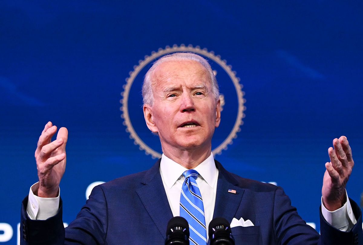 US President-elect Joe Biden delivers remarks on the public health and economic crises at The Queen theater in Wilmington, Delaware on January 14, 2021. - President-elect Joe Biden will propose injecting $1.9 trillion into the US economy when he takes office next week, as evidence mounts that the recovery from the sharp downturn caused by Covid-19 is flagging. (JIM WATSON/AFP via Getty Images)