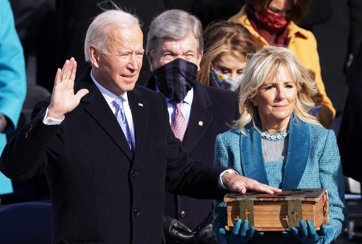 Joe Biden is sworn in as U.S. President during his inauguration on the West Front of the U.S. Capitol on January 20, 2021 in Washington, DC.  During today's inauguration ceremony Joe Biden becomes the 46th president of the United States. (Alex Wong/Getty Images)