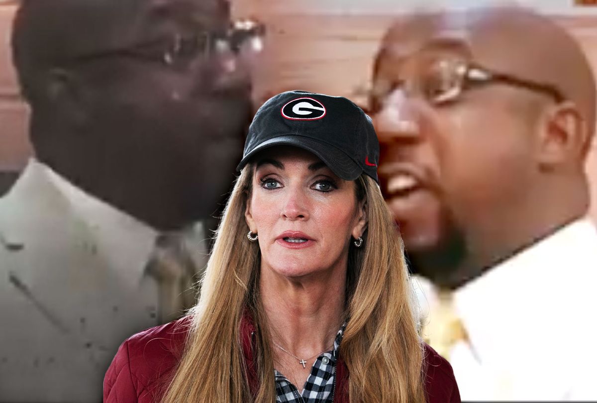 Kelly Loeffler, in front of two screenshots of Raphael Warnock from her negative campaigns (Photo illustration by Salon/Getty Images/Kelly Loeffler Official Campaign)