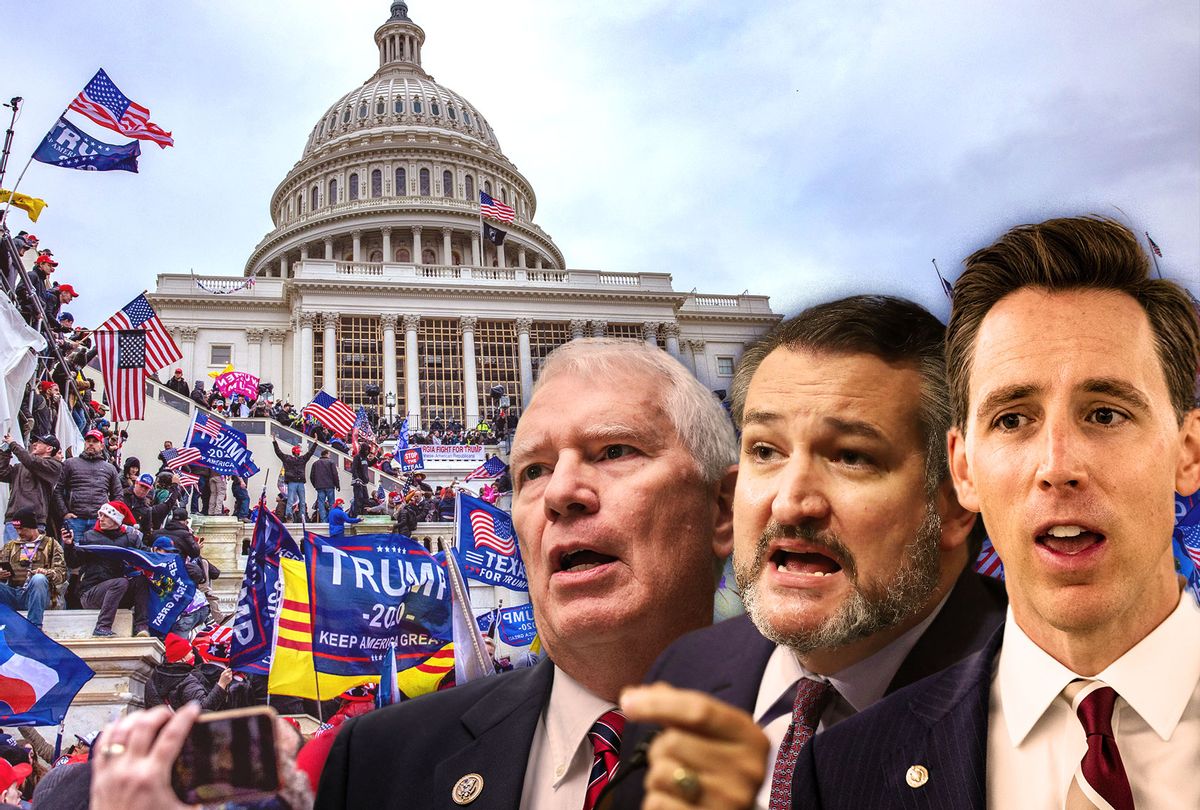 Mo Brooks, Ted Cruz and Josh Hawley | screaming MAGA horde at the Capitol riot (Photo illustration by Salon/Getty Images)