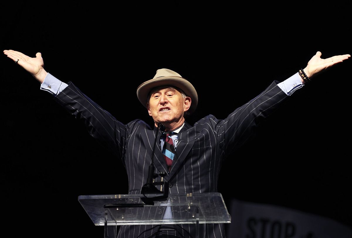 American political consultant Roger Stone is seen on stage as he gives a speech to Trump supporters before the Congress count the Electoral College votes in Washington D.C., United States on January 05, 2021. (Tayfun Coskun/Anadolu Agency via Getty Images)