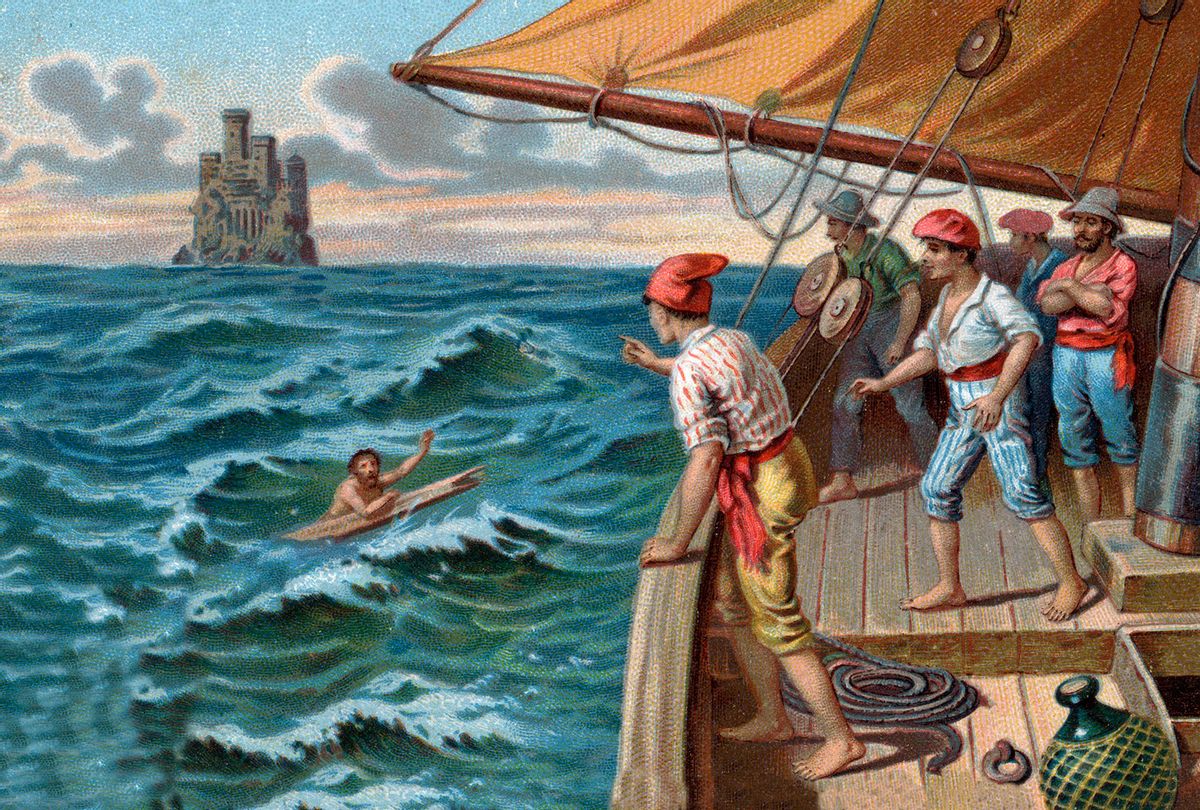 An illustration of a scene – Edmond Dantes left in the sea by a ship crew – from the novel "The Count of Monte Cristo" by Alexandre Dumas (Stefano Bianchetti/Corbis via Getty Images)