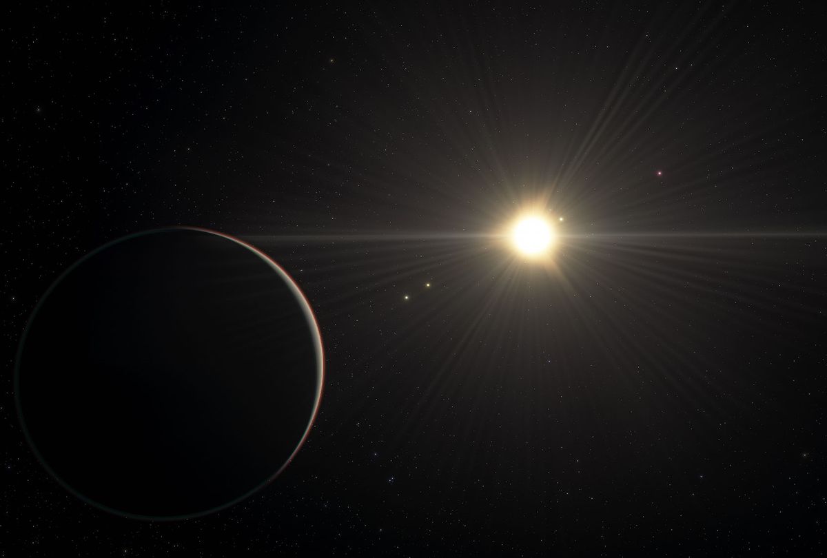 This artist’s impression shows the view from the planet in the TOI-178 system found orbiting furthest from the star. (ESO/L. Calçada/spaceengine.org)