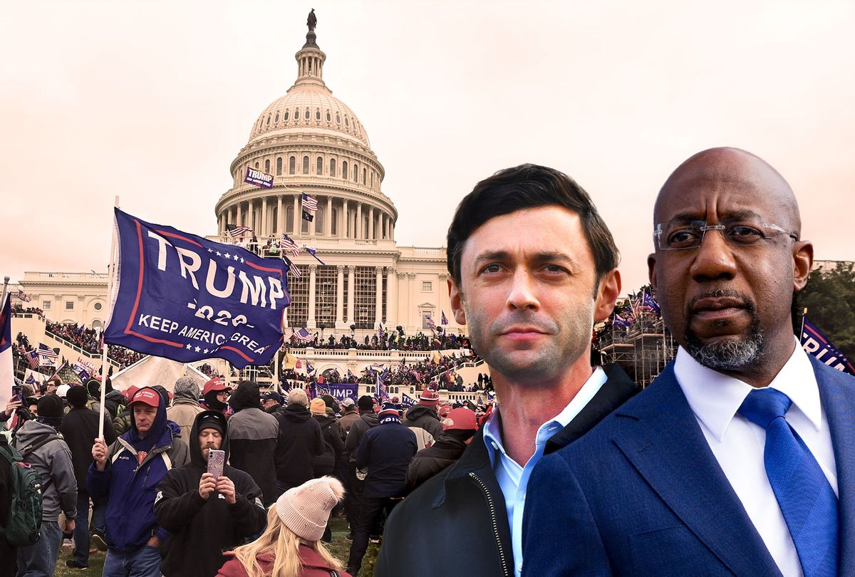 Raphael Warnock, Jon Ossoff, and the Trump supporters storming the US Capitol (Photo illustration by Salon/Getty Images)