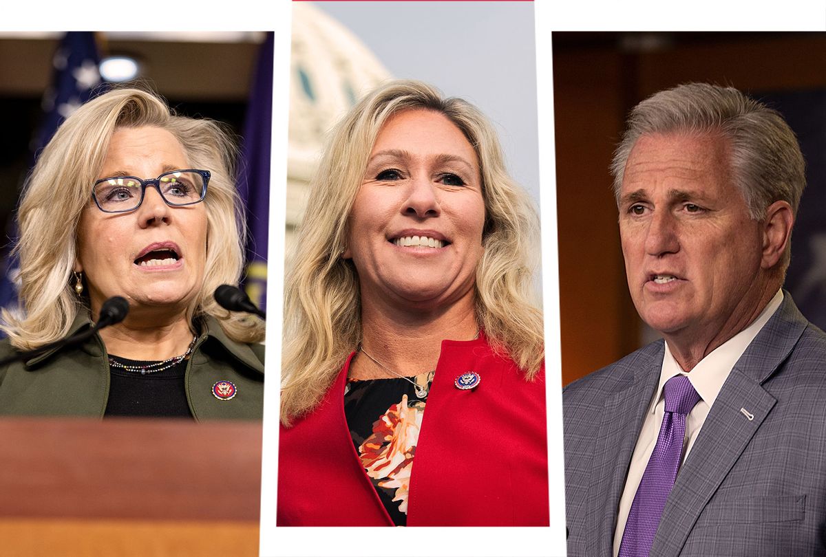 Liz Cheney, Marjorie Taylor Greene and Kevin McCarthy (Photo illustration by Salon/Getty Images)