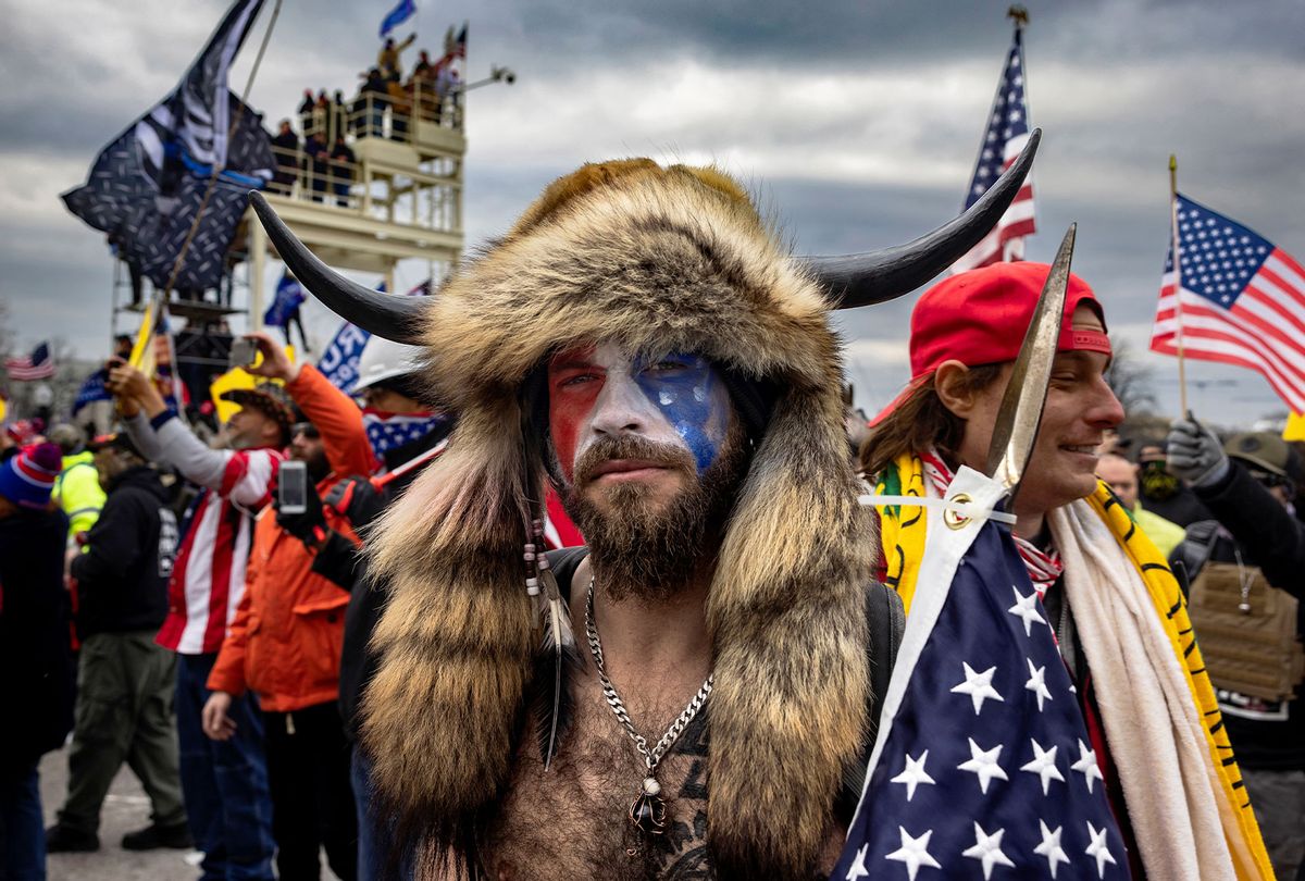 Jacob Anthony Angeli Chansley, known as the QAnon Shaman, is seen at the Capital riots.  (Brent Stirton/Getty Images)