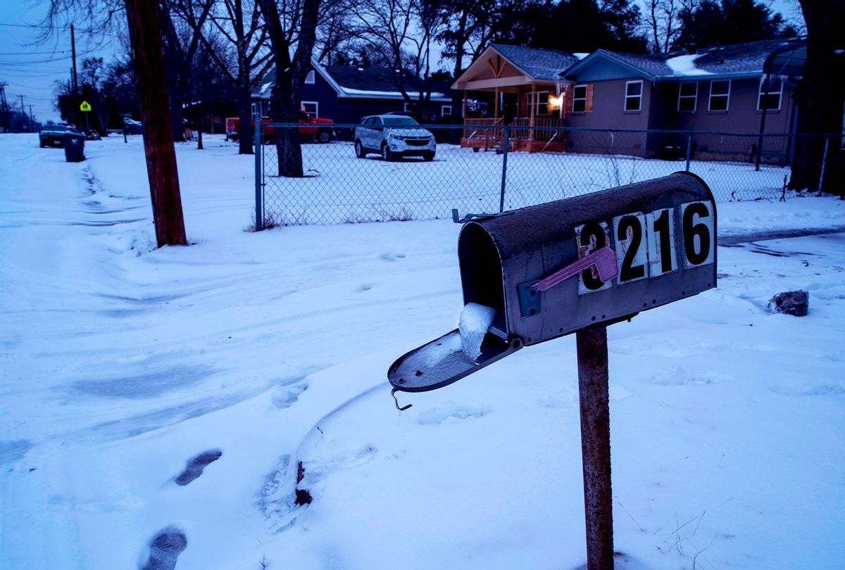 A mailbox is seen frozen in a snow covered neighborhood in Waco, Texas as severe winter weather conditions over the last few days has forced road closures and power outages over the state on February 17, 2021. - Millions of people were still without power on February 17 in Texas, the oil and gas capital of the United States, and facing water shortages as an unusual winter storm pummeled the southeastern part of country. The National Weather Service (NWS) issued a winter storm warning for a swathe of the country ranging from east Texas to the East Coast state of Maryland. (MATTHEW BUSCH/AFP via Getty Images)
