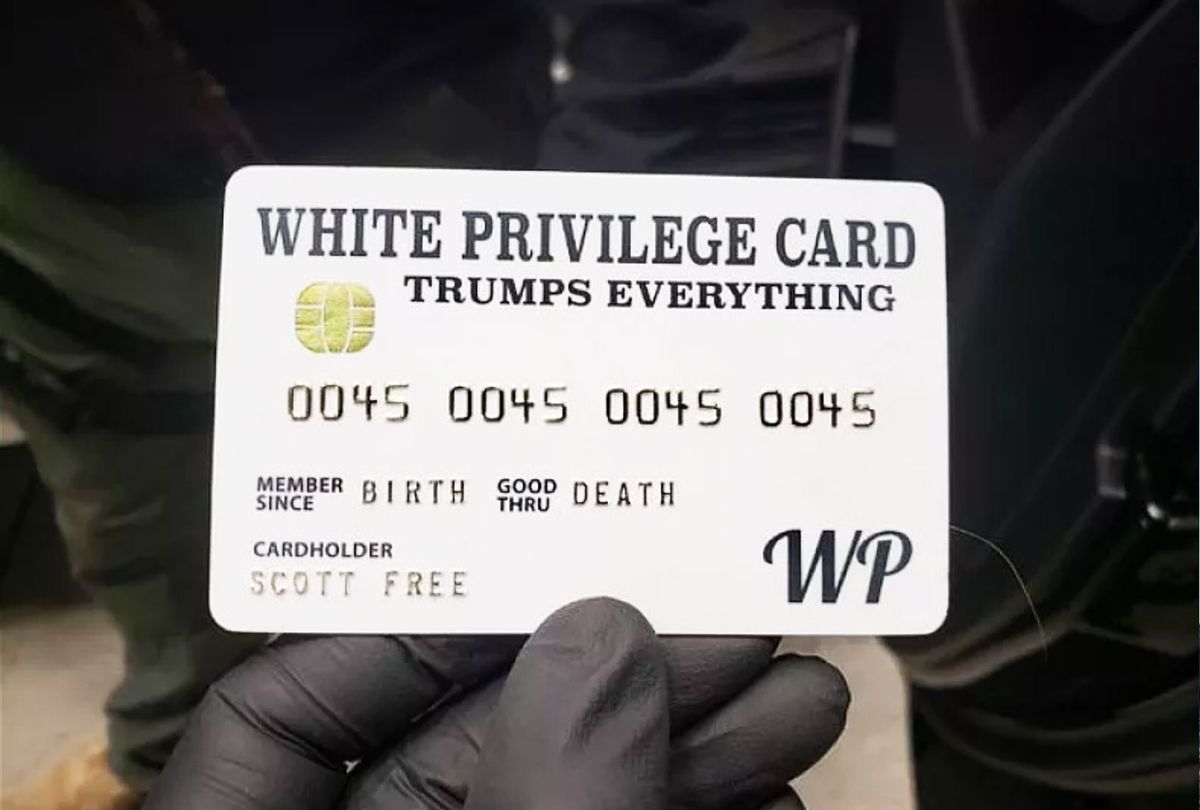 A 'white privilege' mock credit card that was found in the possession of Ian Benjamin Rogers, 43, on January 15, when he was arrested in Napa County, California. Rogers has been charged with the possession of five pipe bombs. (US Department Of Justice)