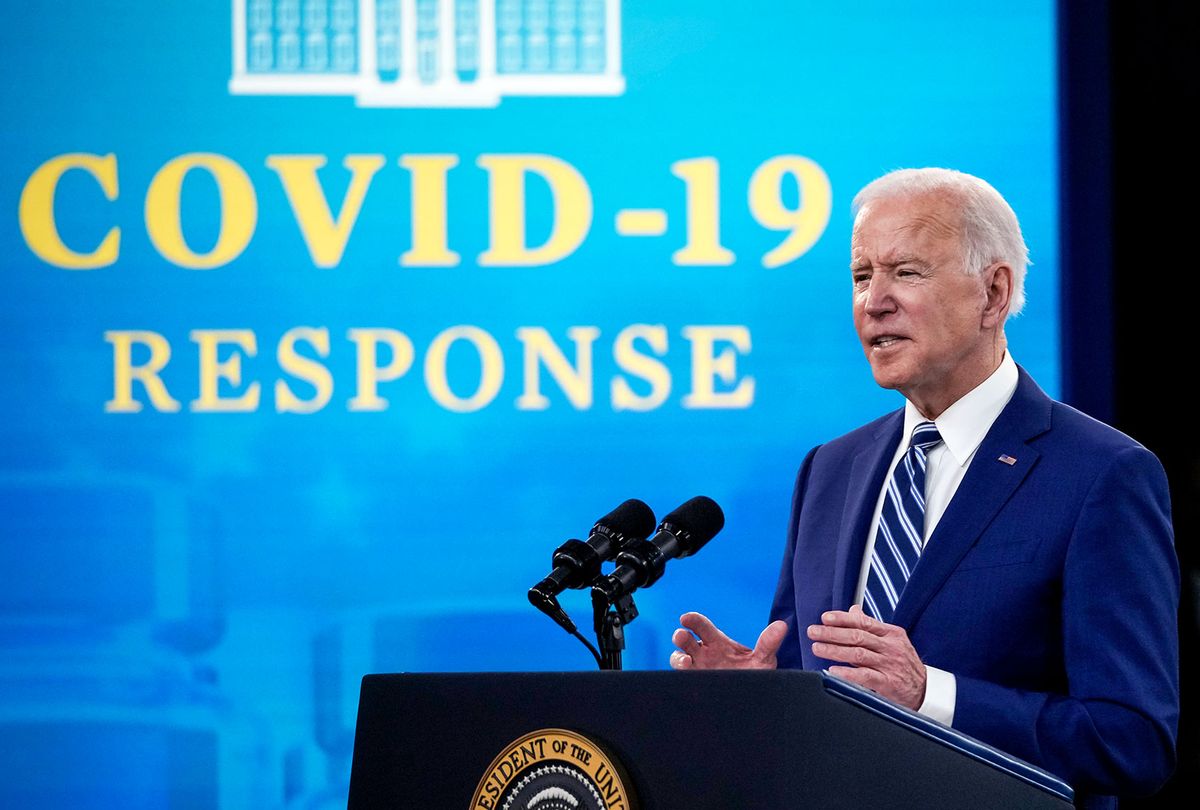 Vice President Kamala Harris looks on as U.S. President Joe Biden delivers remarks on the COVID-19 response and the state of vaccinations in the South Court Auditorium at the White House complex on March 29, 2021 in Washington, DC. (Drew Angerer/Getty Images)