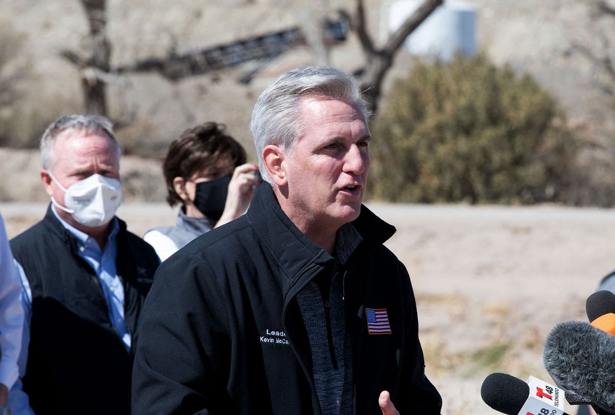 House Minority Leader Kevin McCarthy addresses the press during the congressional border delegation visit to El Paso, Texas on March 15, 2021. (JUSTIN HAMEL/AFP via Getty Images)
