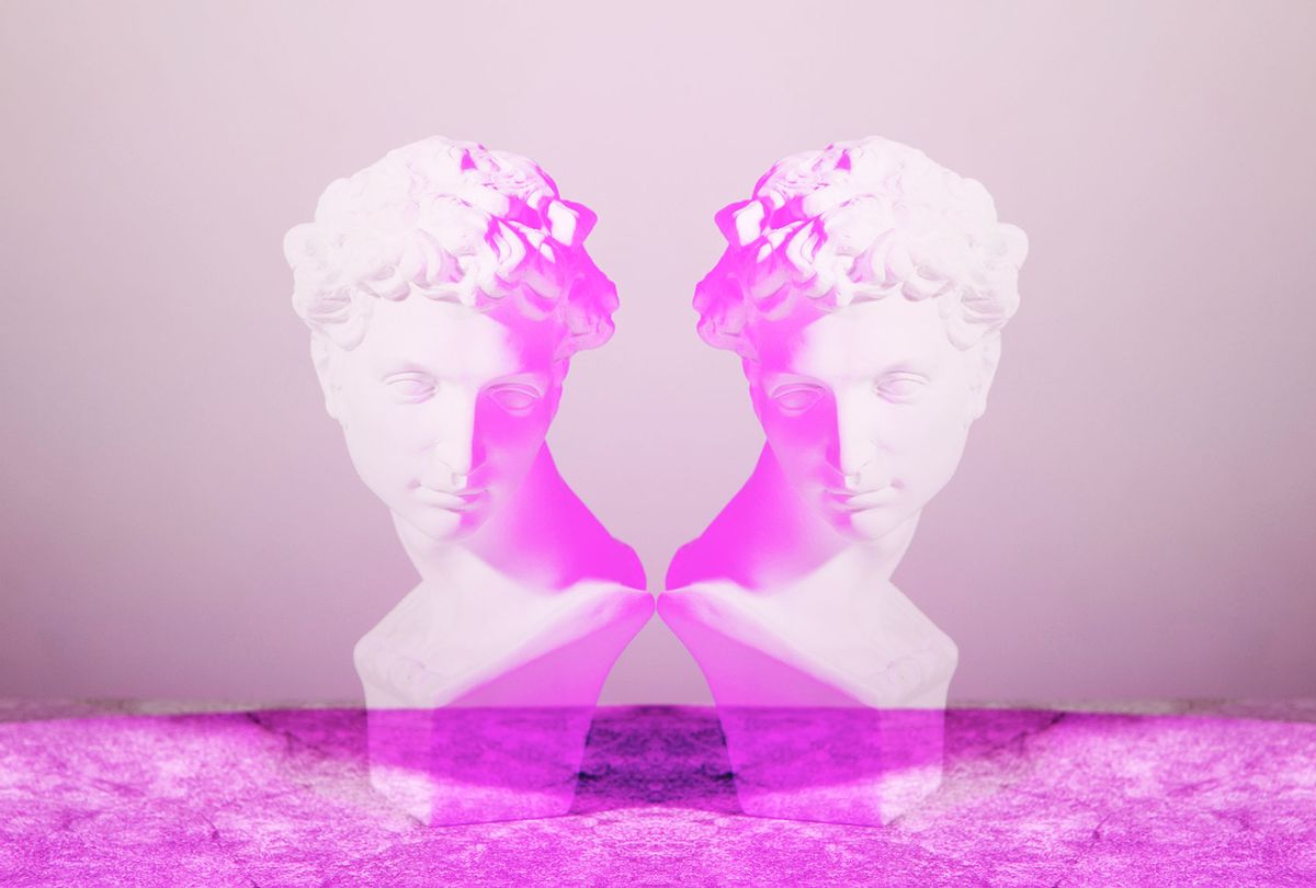 Pink symmetrical image of portrait sculpture of Giuliano de' Medici created by Michelangelo Buonarroti in 16 century (Getty Images)