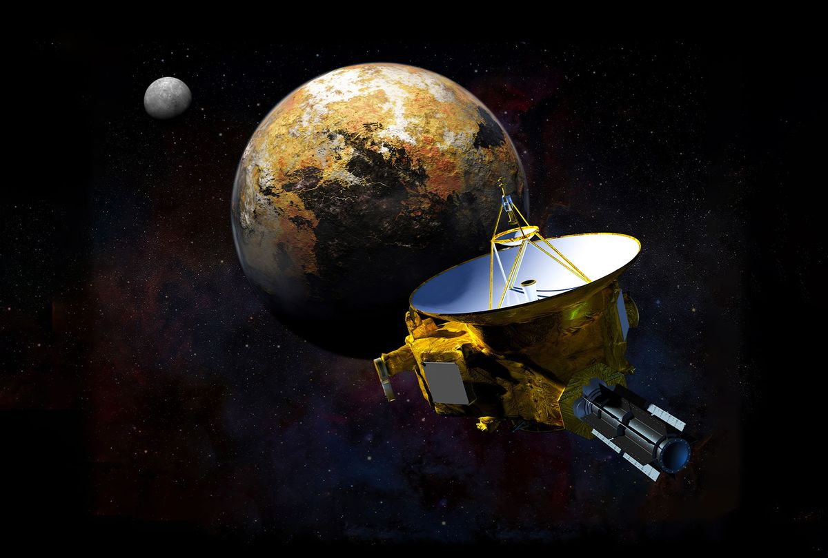 Painting depicting the new horizons space probe as it approaches Charon, Pluto's moon. Dated 2015. (Universal History Archive/Universal Images Group via Getty Images)